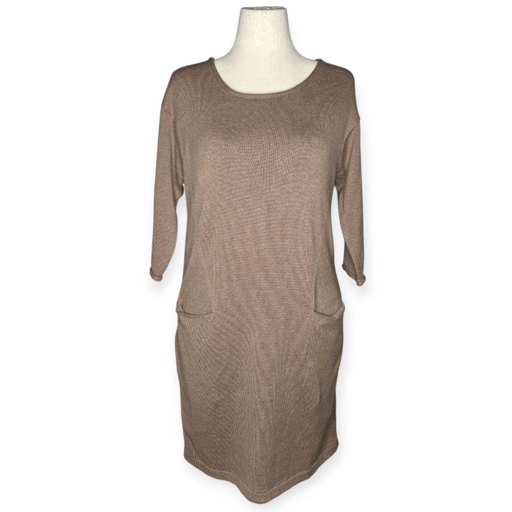 Pure Jill Taupe Sweater Dress Small Cotton Cashmere Blend Knit Pocket Dress